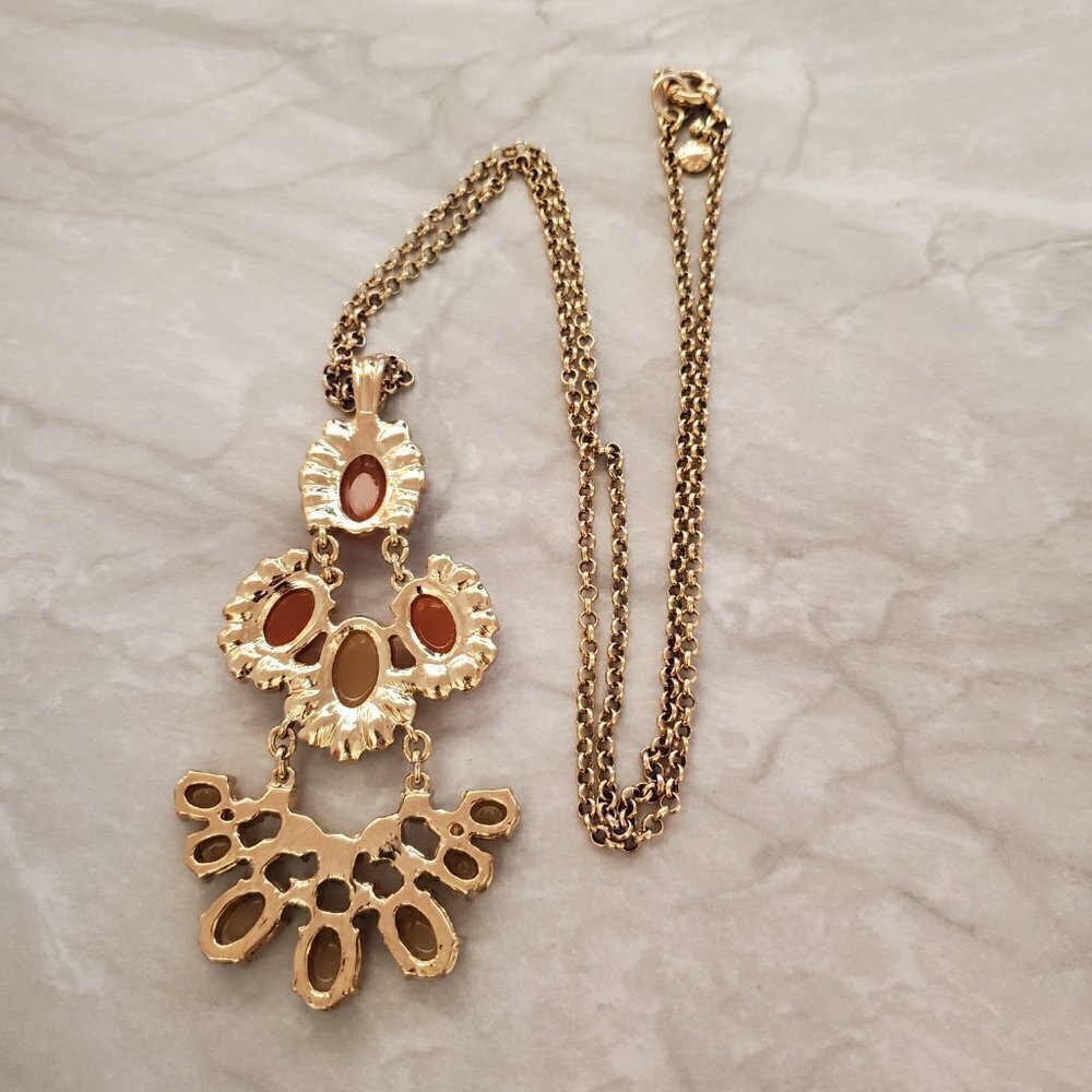 🧡 J Crew Pendant Orange Fan Gold Crystal Rhinstone Necklace 🧡 - Picture 6 of 10